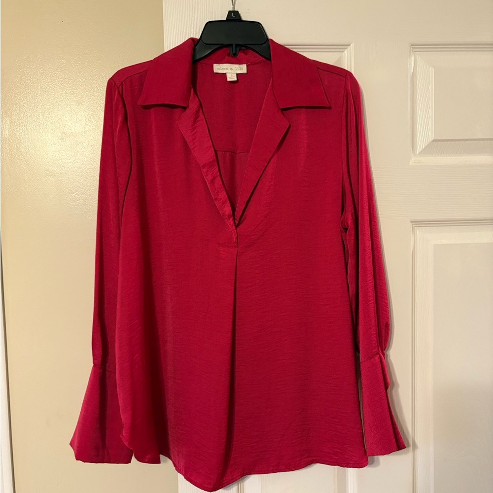 Alex & Lili Red Satin Blouse Long Sleeve V Neck Workwear Dressy Top Womens